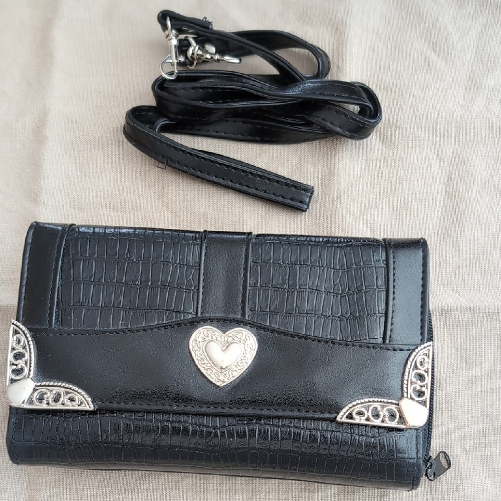 Brighton Black Croc-Embossed Clutch with Silver Heart Accent